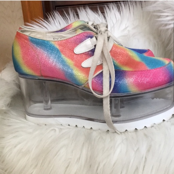 Rare YRU Rainbow Qloud Kreep Creepers Platform Stacked Shoes Clear Heel Sz 7 - Picture 2 of 6